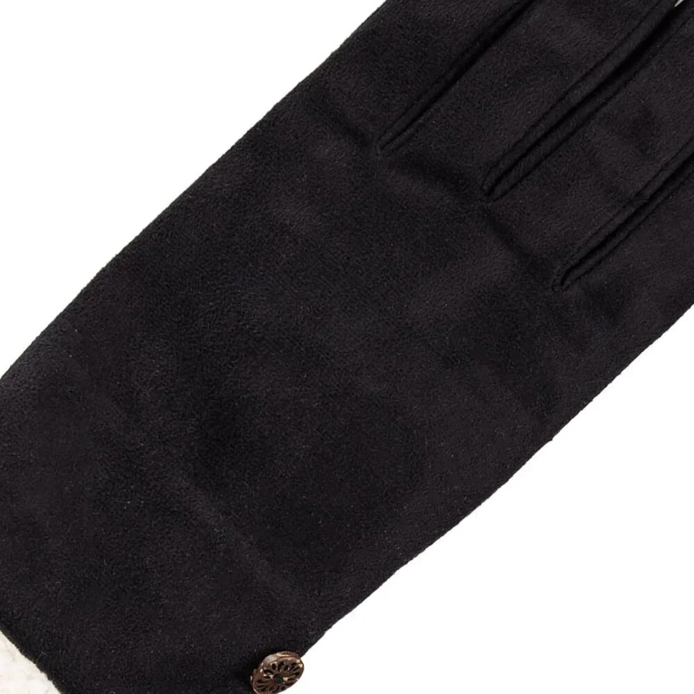 Women's Black Water Repellent Microsuede Gloves Sherpa Lined Button Detail